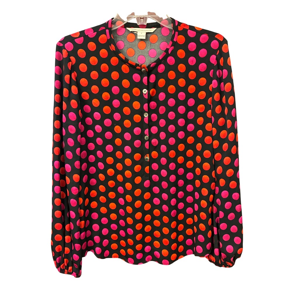 Diane von Furstenberg Silk Blouse Womens 8 Black Pink Orange Polka Dot Excellent